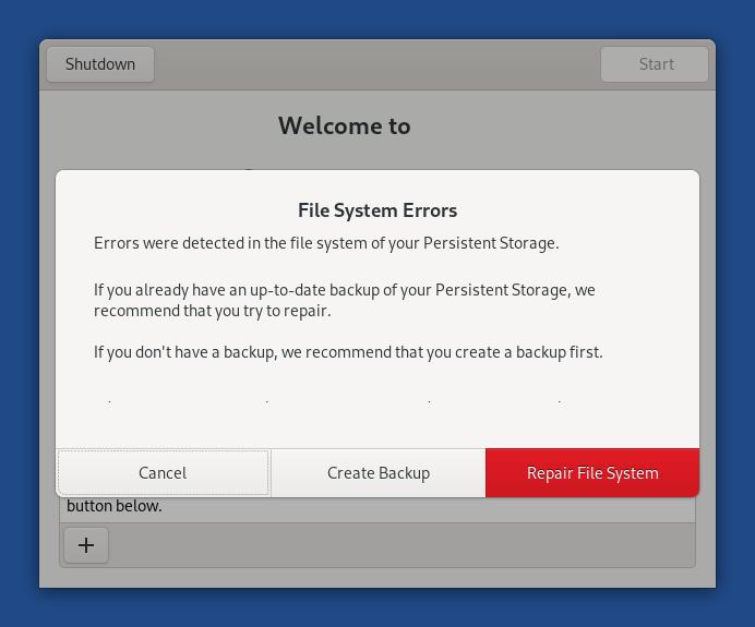 File System Errors dialog in Welcome Screen